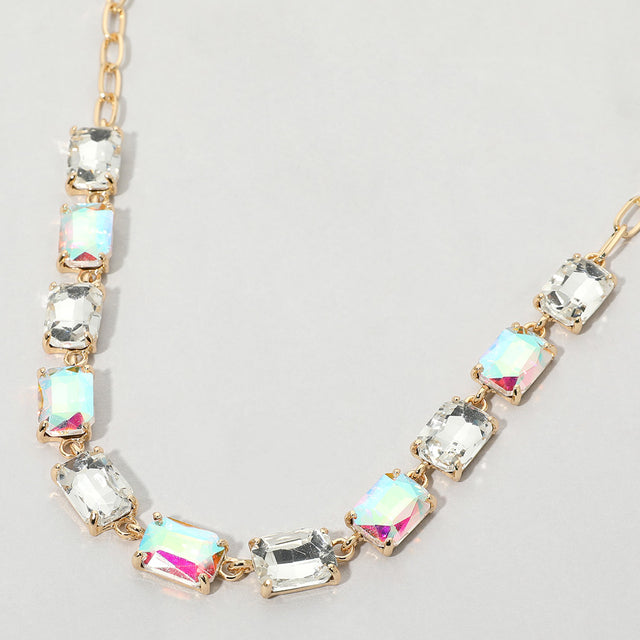 Madeline Love AB, Gold Cushion Rectangular Stone Cluster Link Evening Necklace