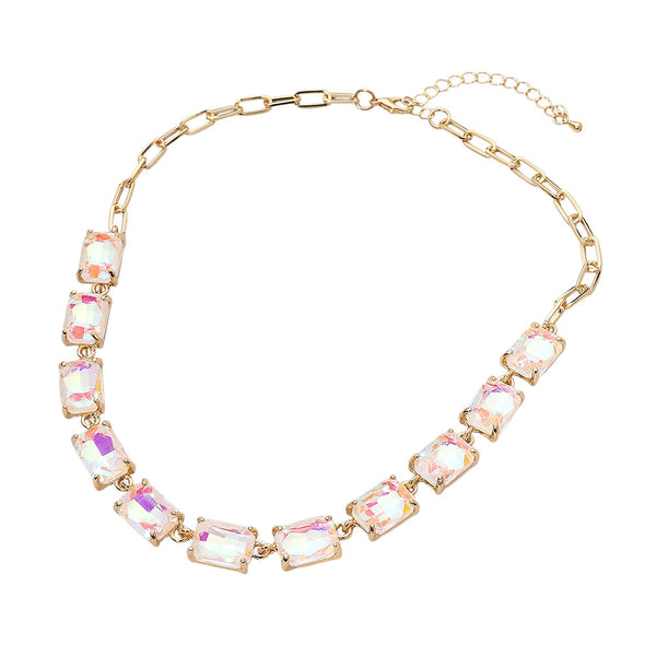 AB, White Cushion Rectangular Stone Cluster Link Evening Necklace
