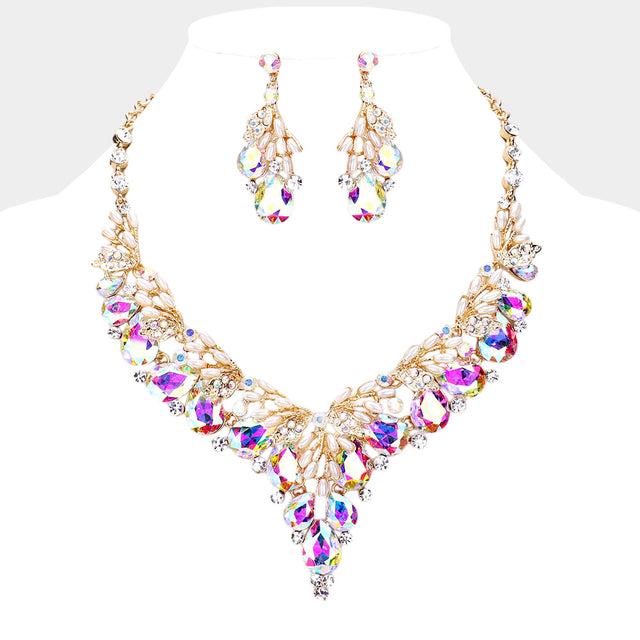 Madeline Love AB, Gold Teardrop Glass Crystal Pearl Vine Evening Necklace