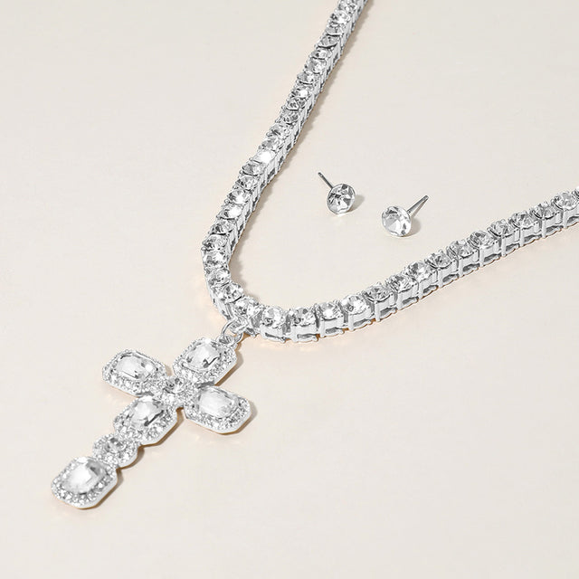 Madeline Love Clear, Silver Stone Embellished Cross Pendant Bling Studded Chunky Chain Necklace
