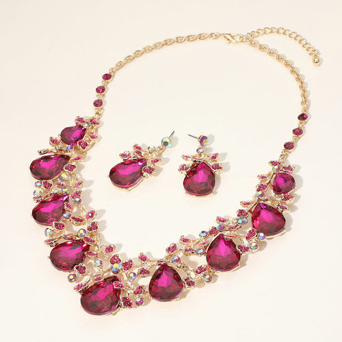 Collar de noche con forma de lágrima de cristal y diamantes de imitación con diseño floral - Fucsia