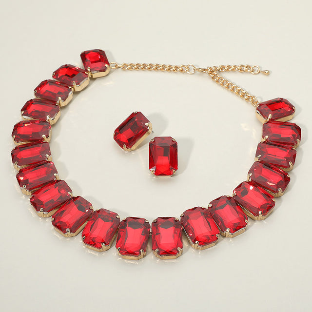 Madeline Love Gold, Red Emerald Cut Stone Collar Evening Necklace