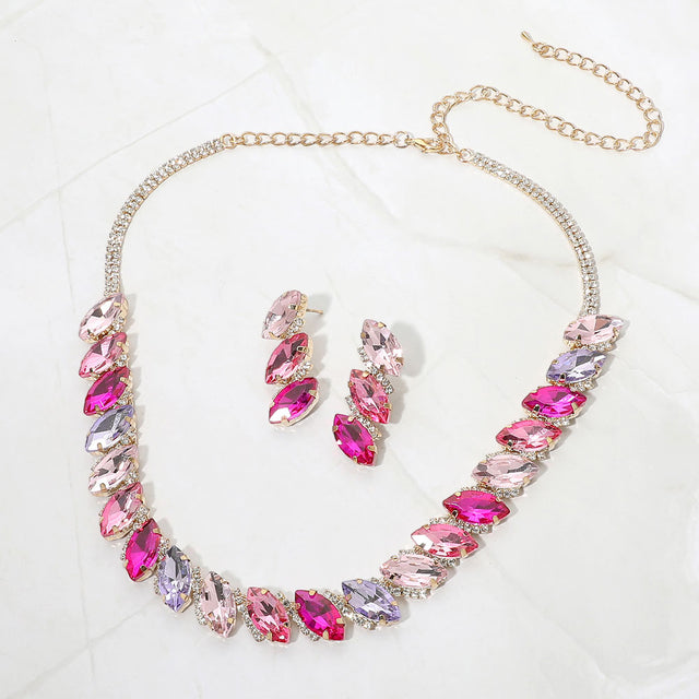 Madeline Love Gold, Pink Marquise Gem Cluster Link Evening Necklace
