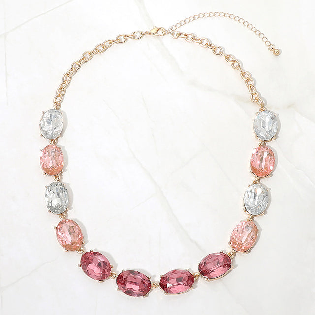 Madeline Love Gold, Pink Faceted Oval Stone Cluster Link Evening Necklace