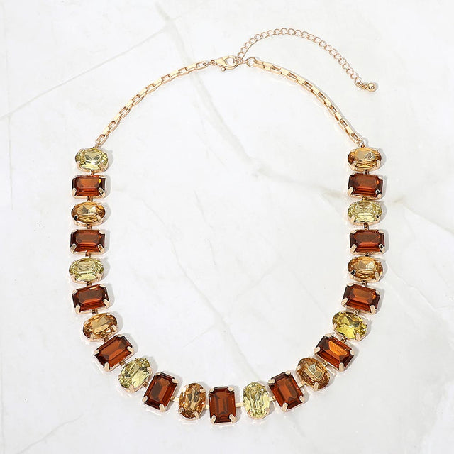 Madeline Love Brown, Gold Faceted Oval Rectangular Stone Cluster Link Necklace