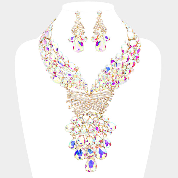 AB, Gold Teardrop Round Stone Embellished Statement Evening Necklace