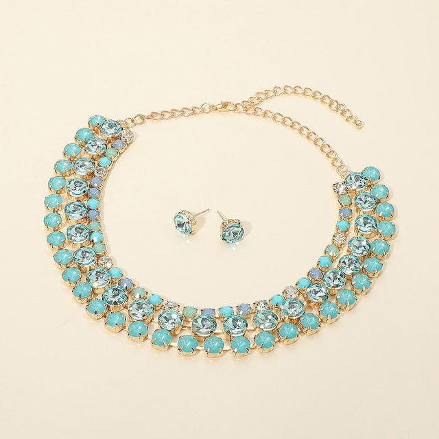Madeline Love Aqua, Gold 3-Row Round Stone Cluster Evening Statement Necklace