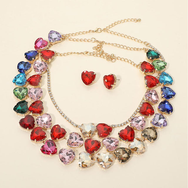 Madeline Love Gold, Multi Heart Stone Cluster Link Evening Necklace Set