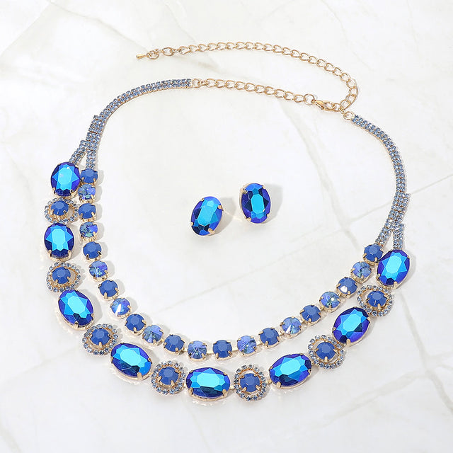 Madeline Love Gold, Navy Oval Round Get Link Double Strand Evening Necklace