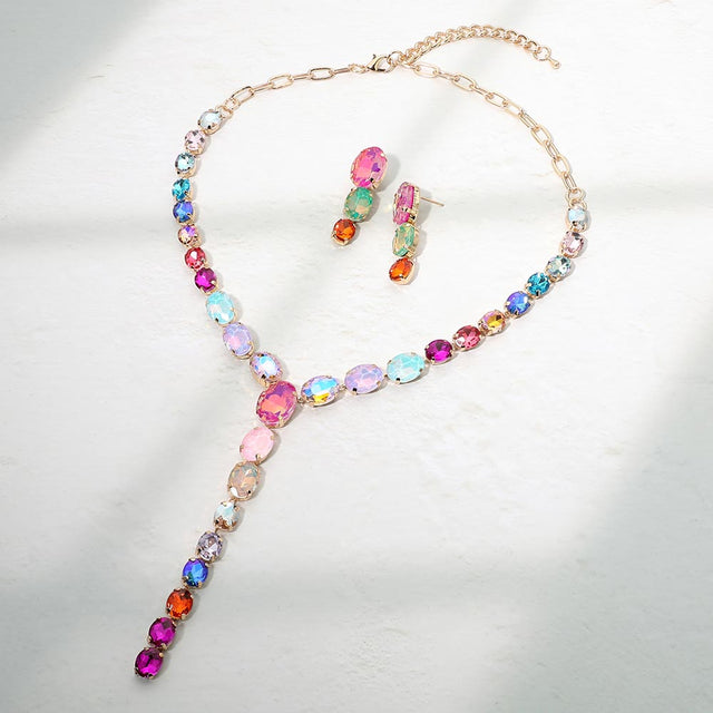 Madeline Love Gold, Multi Faceted Oval Gem Link Y Drop Statement Necklace