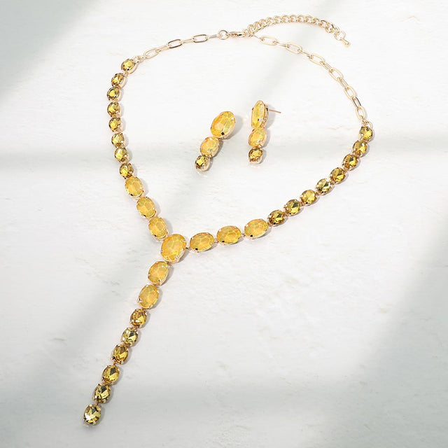 Madeline Love Gold, Yellow Faceted Oval Gem Link Y Drop Statement Necklace