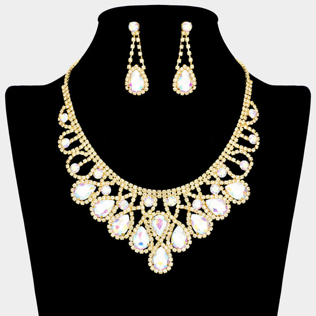 Madeline Love AB, Gold Crystal Teardrop Rhinestone Pave Evening Necklace - Jewelry