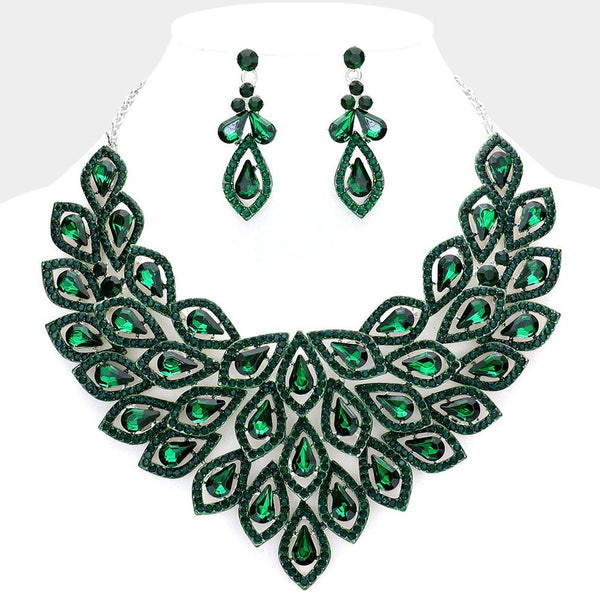 Emerald, Silver Teardrop Centered Rhinestone Trimmed Cluster Evening Necklace