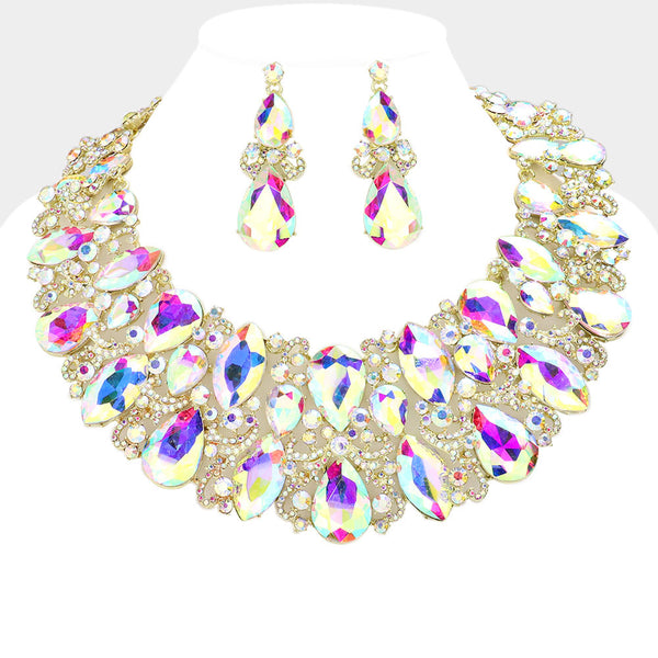 AB, Gold Marquise Teardrop Stone Accented Evening Necklace
