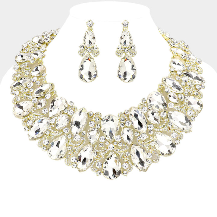 Clear, Gold Marquise Teardrop Stone Accented Evening Necklace
