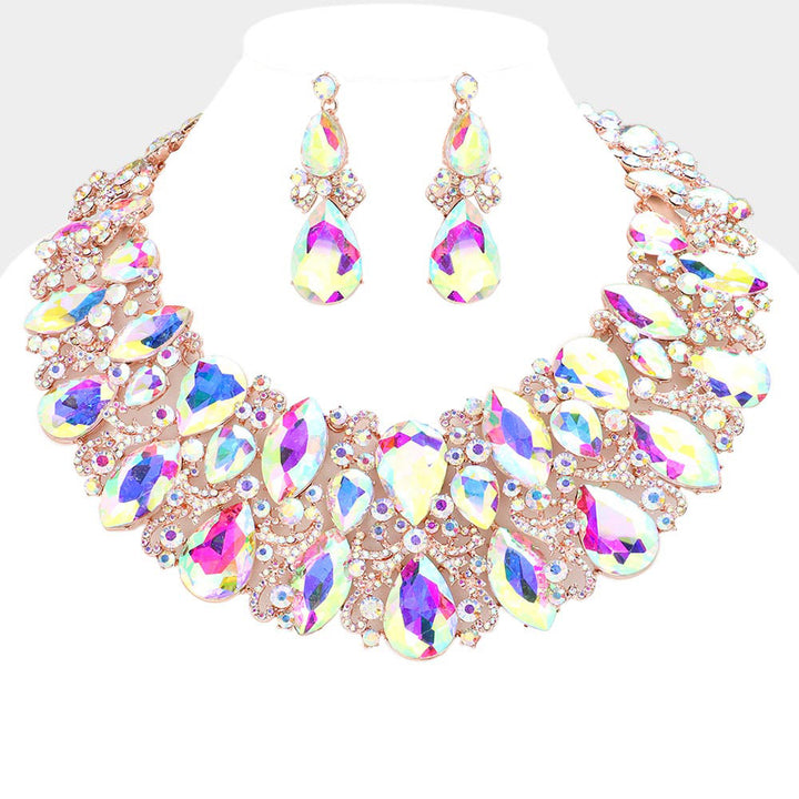 AB, Rose Gold Marquise Teardrop Stone Accented Evening Necklace