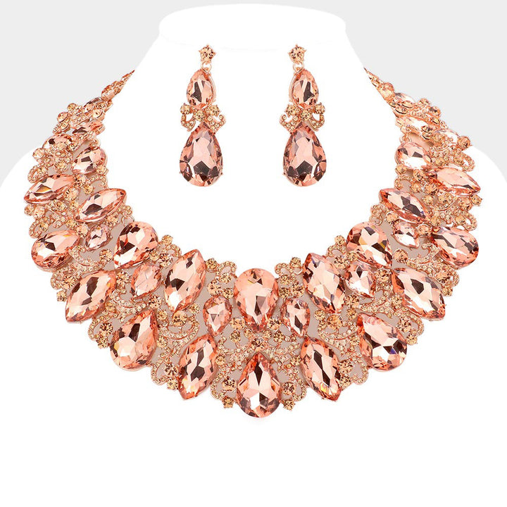 Peach, Rose Gold Marquise Teardrop Stone Accented Evening Necklace