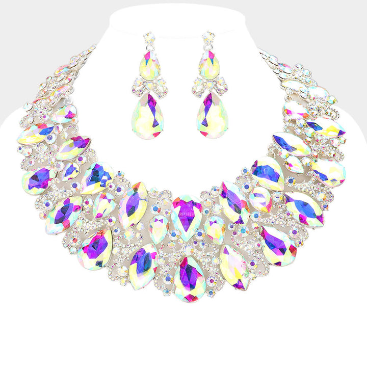 AB, Silver Marquise Teardrop Stone Accented Evening Necklace