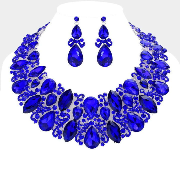 Sapphire, Silver Marquise Teardrop Stone Accented Evening Necklace