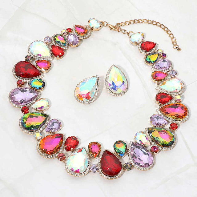 Madeline Love Light, Multi Crystal Rhinestone Trim Teardrop Collar Evening Necklace
