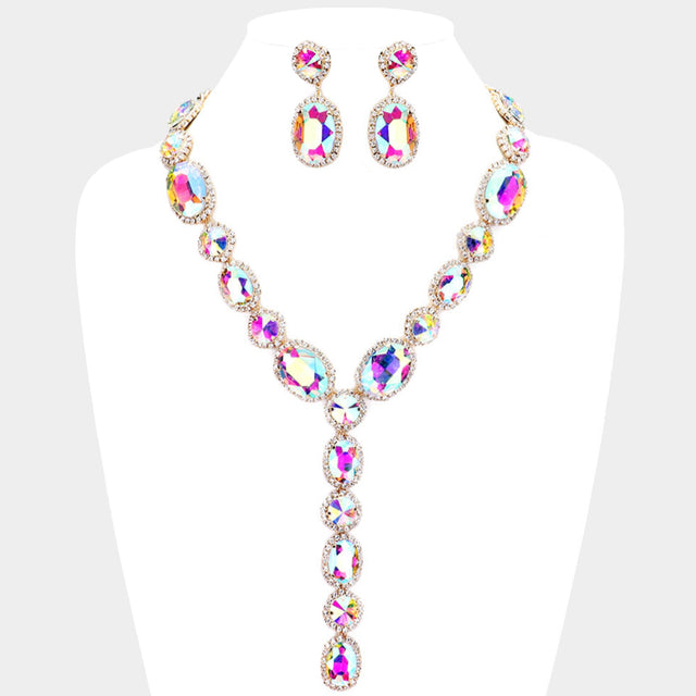 Madeline Love AB, Clear, Gold Glass Crystal Rhinestone Y Evening Necklace