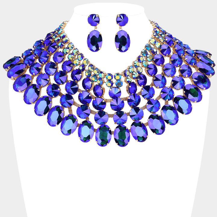 AB, Blue Crystal Glass Bib Statement Necklace