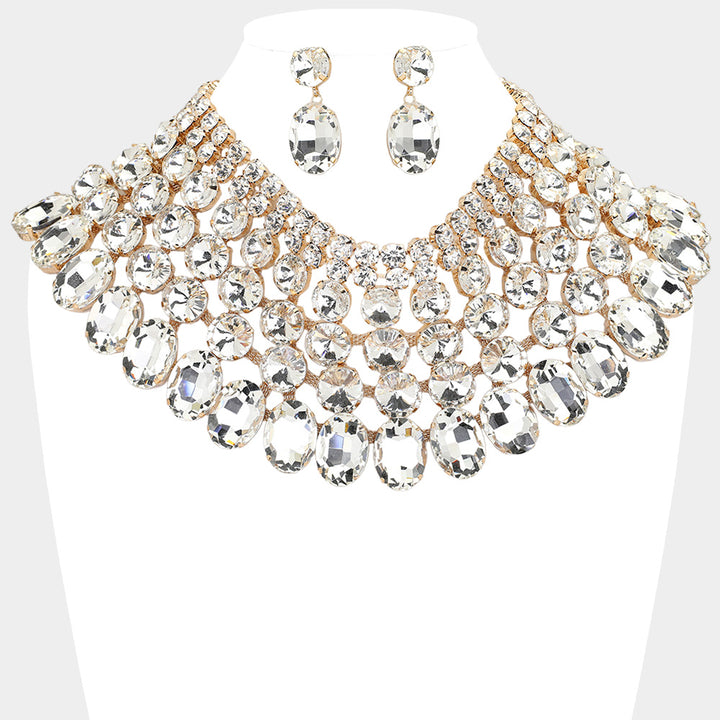 Gold Crystal Glass Bib Statement Necklace