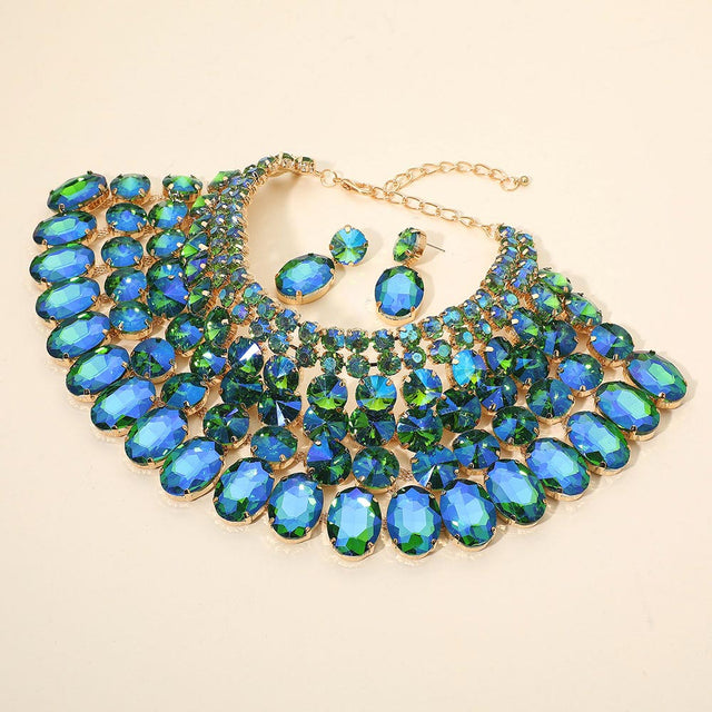 Madeline Love AB, Green Crystal Glass Bib Statement Necklace