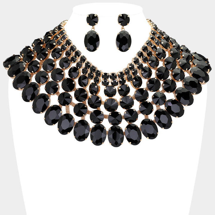 Jet Black Crystal Glass Bib Statement Necklace
