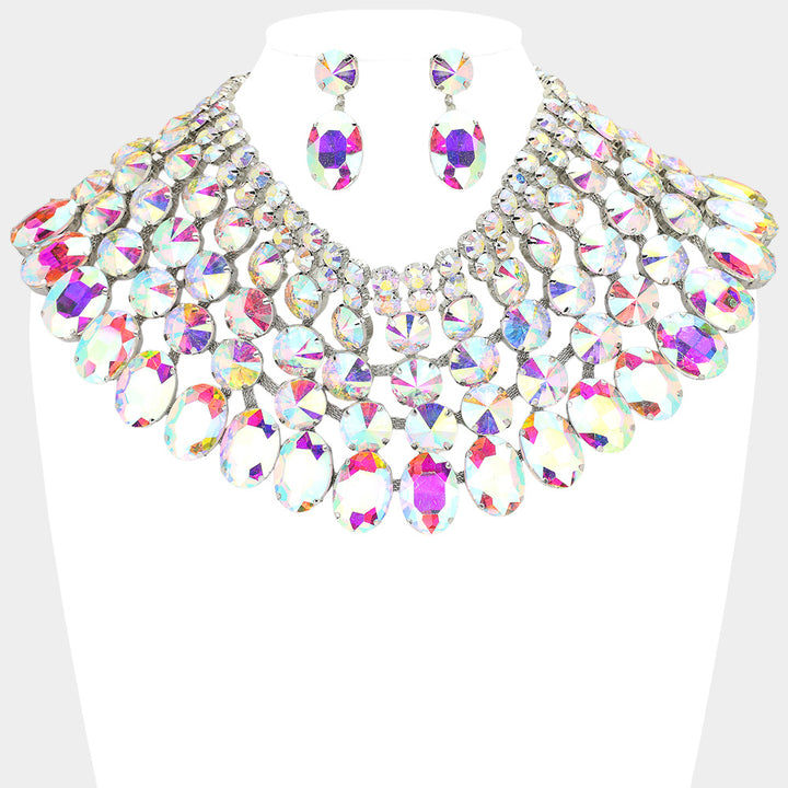 AB, Rhodium Crystal Glass Bib Statement Necklace