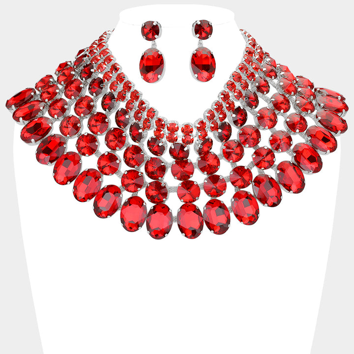 Red, Rhodium Crystal Glass Bib Statement Necklace