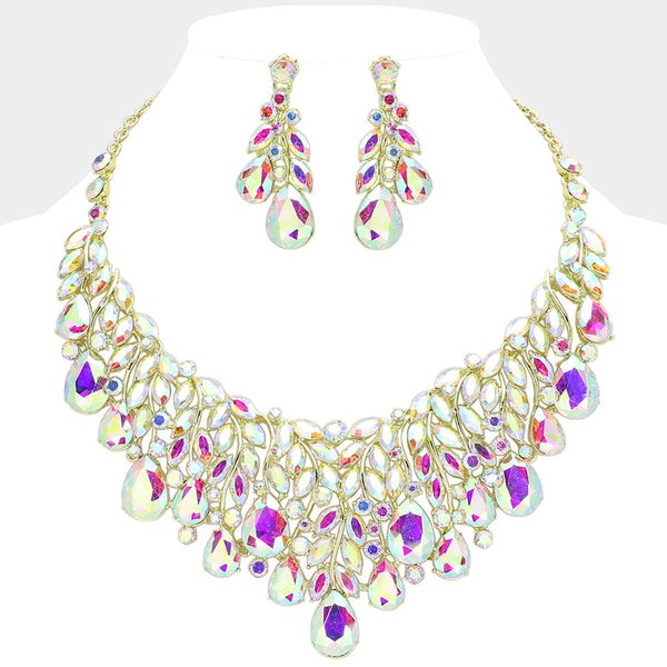 AB, Gold Teardrop Stone Cluster Marquise Vine Embellished Evening Necklace