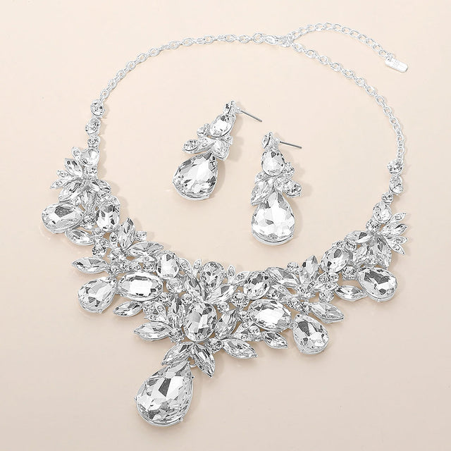 Madeline Love Clear, Silver Floral Teardrop Marquise Stone Cluster Embellished Evening Necklace