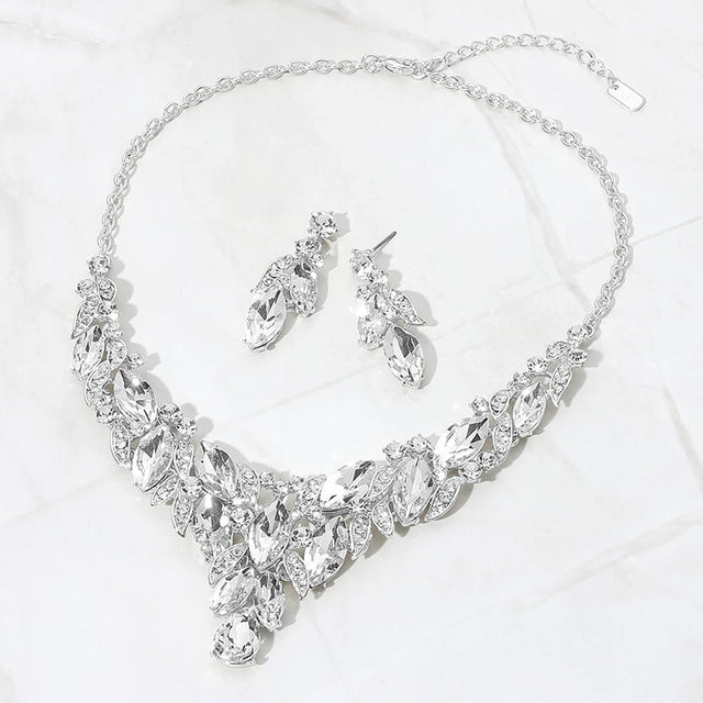 Madeline Love Clear, Silver Marquise Stone Cluster Rhinestone Pave Leaf Embellished Evening Necklace