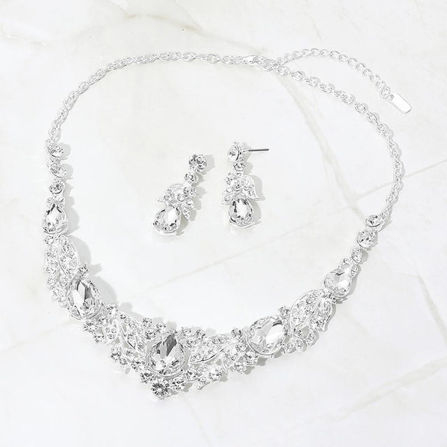 Madeline Love Clear, Silver Teardrop Stone Cluster Rhinestone Embellished Evening Necklace