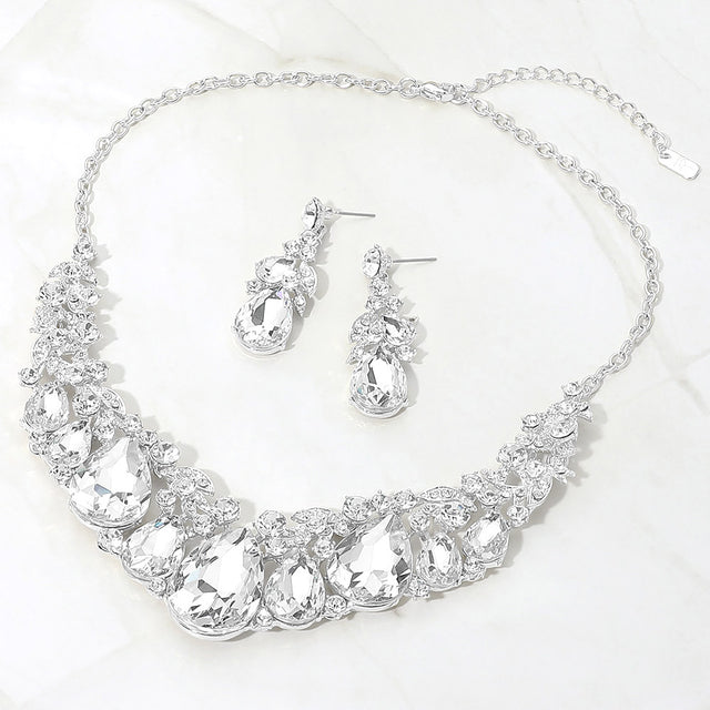 Madeline Love Clear, Silver Teardrop Cluster Embellished Evening Necklace