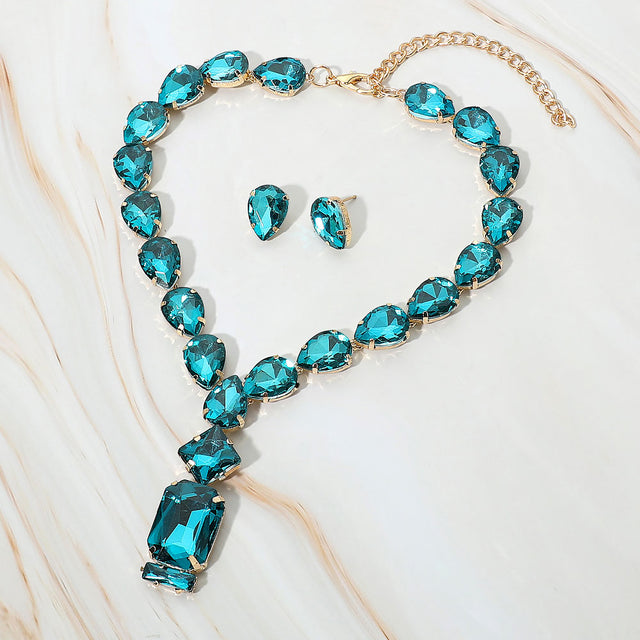 Madeline Love Gold, Teal Emerald Cut Stone Cluster Pendant Pointed Teardrop Stone Cluster Link Evening Necklace