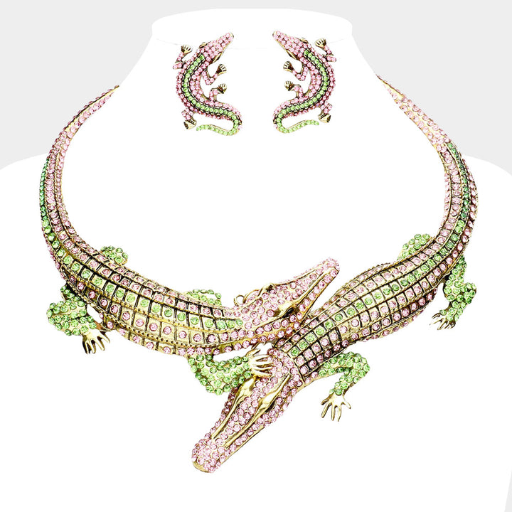 Pink&Green Double Alligator Evening Necklace