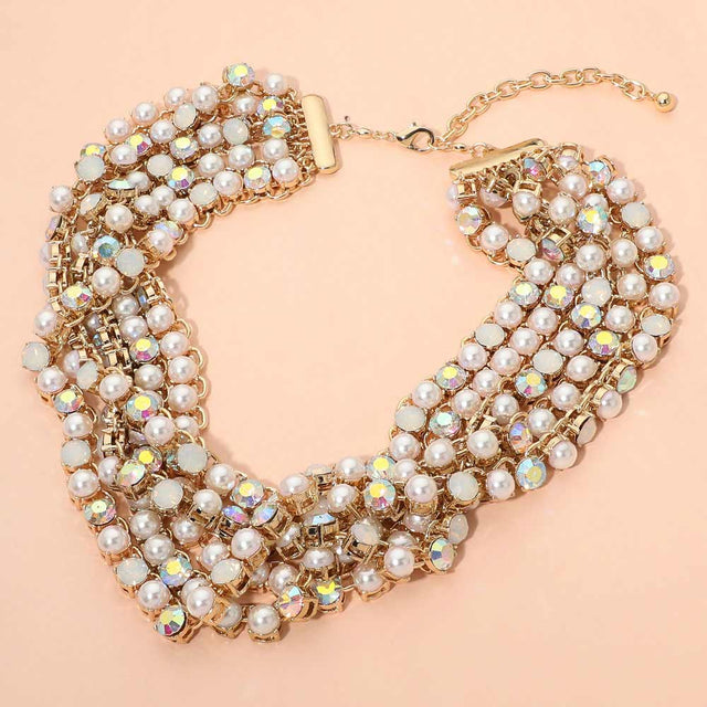 Madeline Love AB, Cream, Gold Bold Faceted Stone Cluster Link Tennis Chain Multi-Strand Statement Necklace