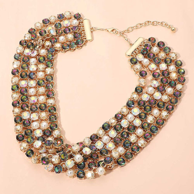 Madeline Love Gold, Vitrail Medium Bold Faceted Stone Cluster Pearl Link Tennis Chain Multi-Strand Statement Necklace