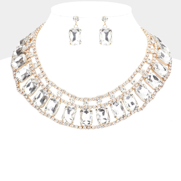 Gold Emerald Cut Stone Accented Collar Evening Necklace