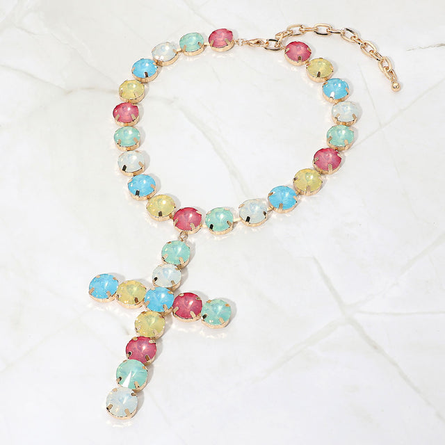 Madeline Love Multi Round Crystal Cross Pendant Statement Evening Necklace