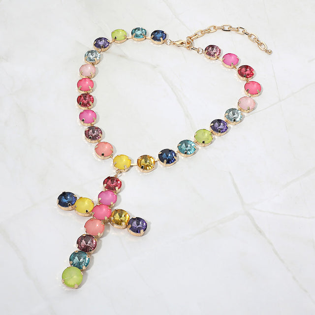 Madeline Love Multi Bold Multicolor Faceted Round Gem Cross Pendant Link Statement Necklace