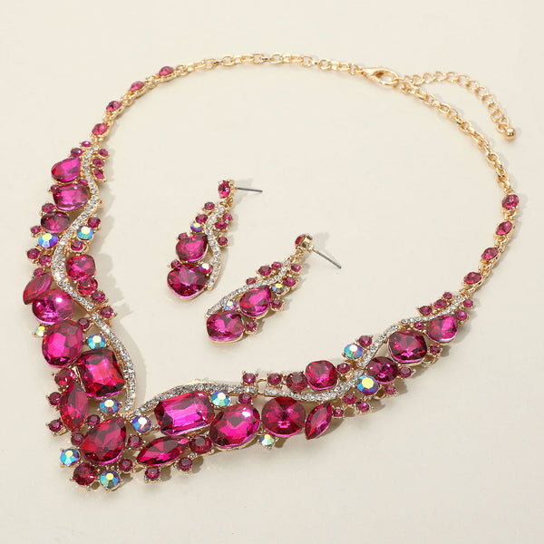 Fuchsia, Gold Glass Crystal Evening Necklace