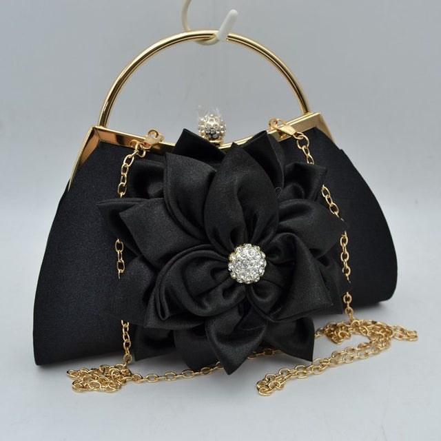 Evening Clutch Bag with Large Fabric Flower and Metal Top Handle - Black - Clutch Bags