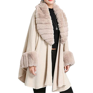 Elegant Beige Faux Fur Trim Collar & Cuffs Knit Poncho Beige Faux Fur Trim Ruana Cape the perfect accessory, luxurious, trendy, super soft chic capelet, keeps you warm & toasty. You can throw it on over so many pieces elevating any casual outfit! Perfect Gift for Wife, Mom, Birthday, Holiday, Christmas, Anniversary, Fun Night Out