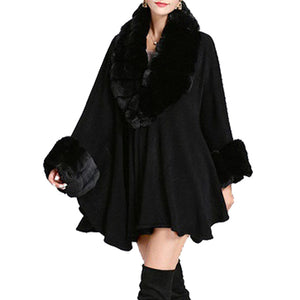 Elegant Black Faux Fur Trim Collar & Cuffs Knit Poncho Black Faux Fur Trim Ruana Cape the perfect accessory, luxurious, trendy, super soft chic capelet, keeps you warm & toasty. You can throw it on over so many pieces elevating any casual outfit! Perfect Gift for Wife, Mom, Birthday, Holiday, Christmas, Anniversary, Fun Night Out