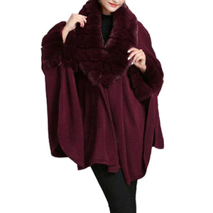 Elegant Burgundy Faux Fur Trim Collar & Cuffs Knit Poncho Burgundy Faux Fur Trim Ruana Cape the perfect accessory, luxurious, trendy, super soft chic capelet, keeps you warm & toasty. You can throw it on over so many pieces elevating any casual outfit! Perfect Gift for Wife, Mom, Birthday, Holiday, Christmas, Anniversary, Fun Night Out