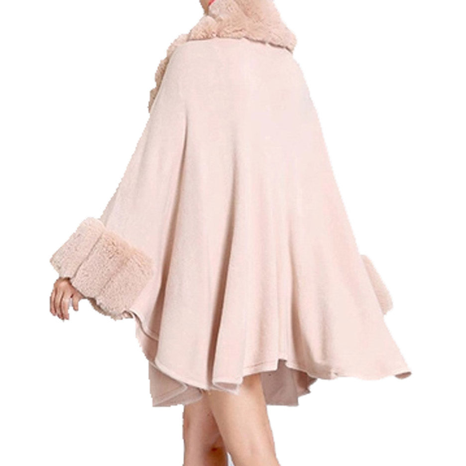 Elegant Faux Fur Trim Collar Cuffs Knit Poncho Ruana Beige