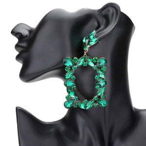 Emerald Marquise Round Stone Cluster Open Rectangle Dangle Evening Earrings, Elevate any evening look with stunning earrings. Combining timeless elegance with modern style, these earrings feature a cluster of marquise stones set in an open rectangle design for maximum sparkle. Add a special touch to your wardrobe with these.